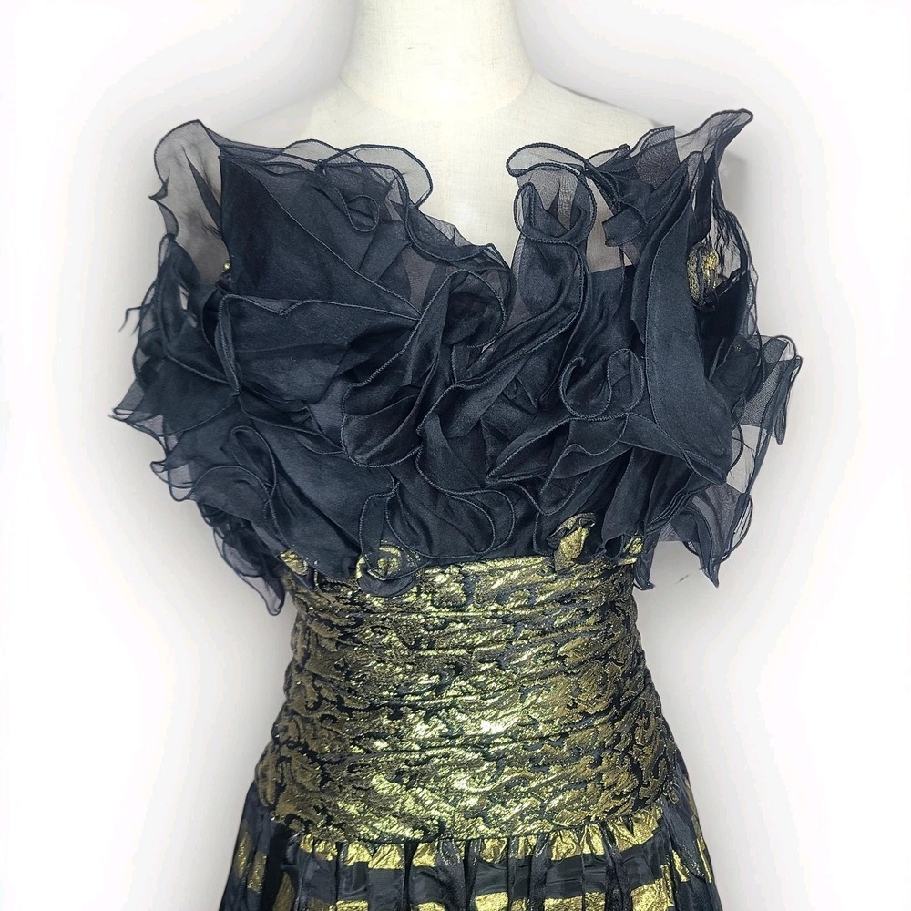 Vtg Eugene Alexander Black Gold Evening Formal Maxi Pleated Ruffle Top Dress 4 - Picture 2 of 8